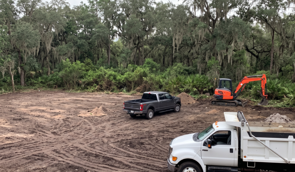 Orange mini excavator clearing rural land in Duette FL with Spanish moss oak canopy dump truck and pickup truck on reddish brown sandy Florida soil site