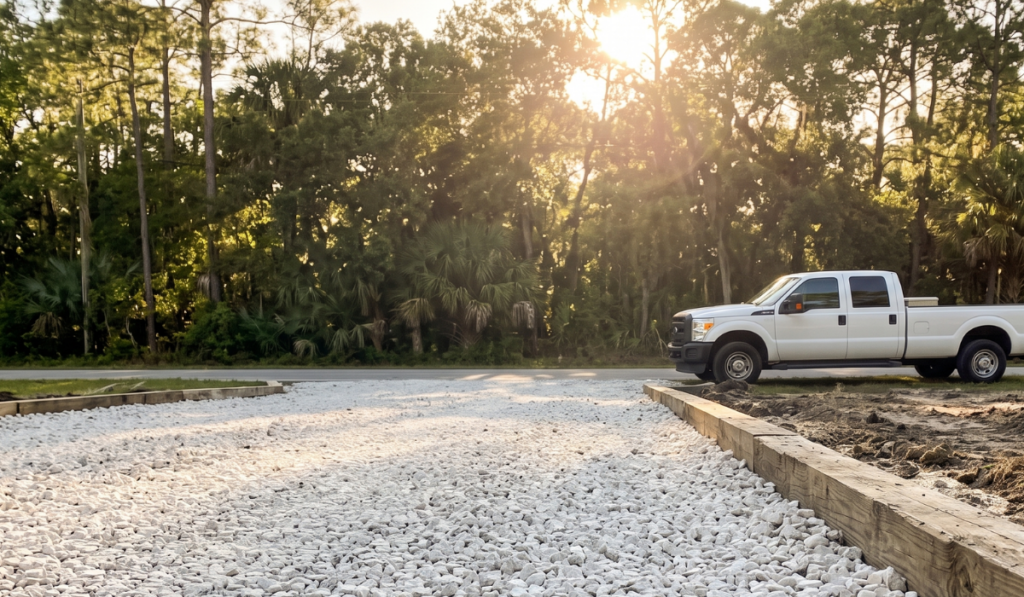 Stabilized gravel construction entrance at a Florida site prep project in Parrish with white work truck and native palm and pine canopy in background