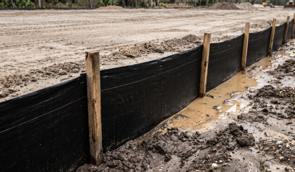 Silt fence installed along the perimeter of a cleared and graded construction site in Manatee County Florida with sediment-laden water pooling at the base after rainfall