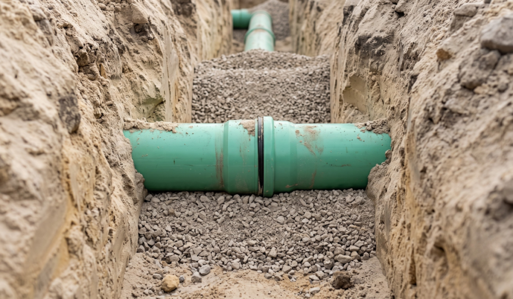 Green PVC sewer pipe joint set in granular bedding inside an open utility trench before backfill during underground utility installation in Florida