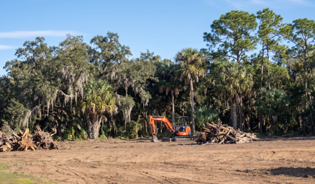 Orange mini excavator clearing residential lot in Bradenton FL with stump piles and live oak sabal palm and slash pine canopy in background before pool excavation